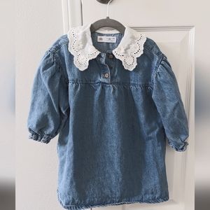 Zara Girls Denim Dress Embroidered Eyelet Collar 4T
